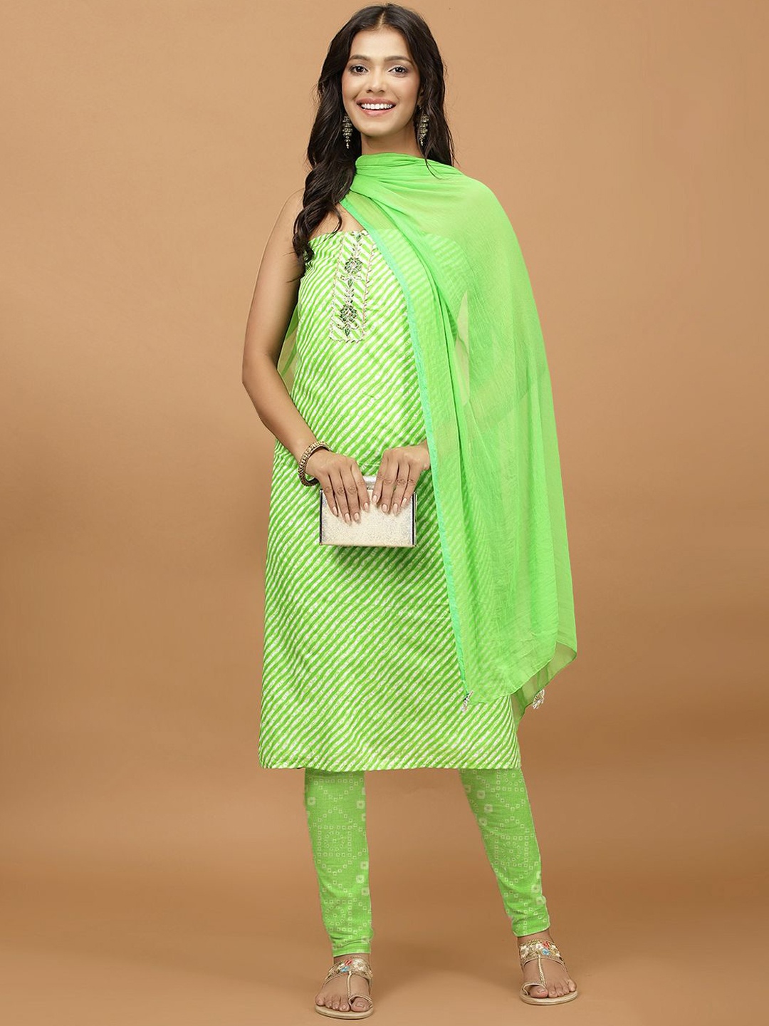 

Meena Bazaar Leheriya Printed Beads & Stones Unstitched Dress Material, Green