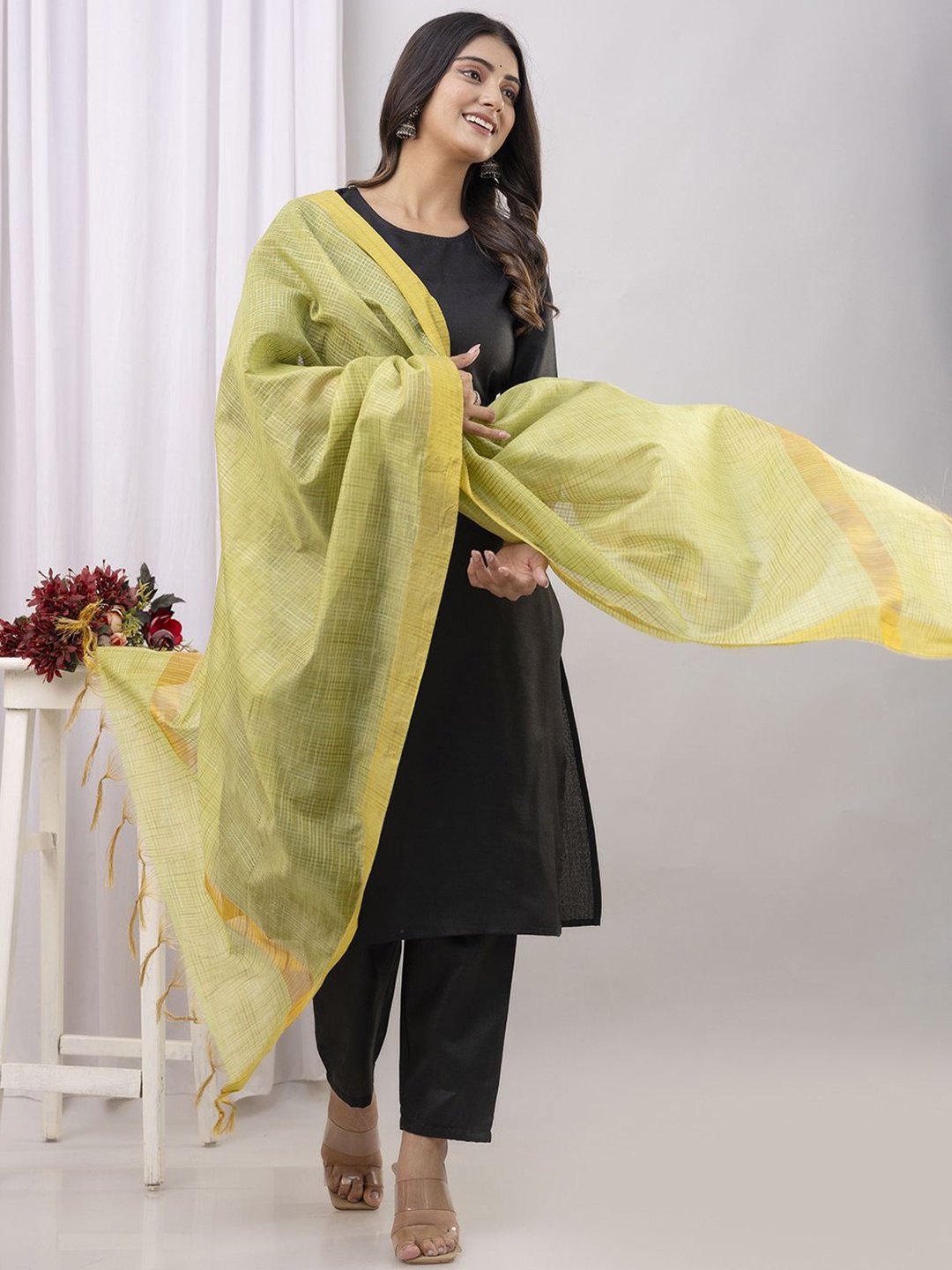 

Nayo Round Neck Straight Kurta with Palazzos & Dupatta, Black