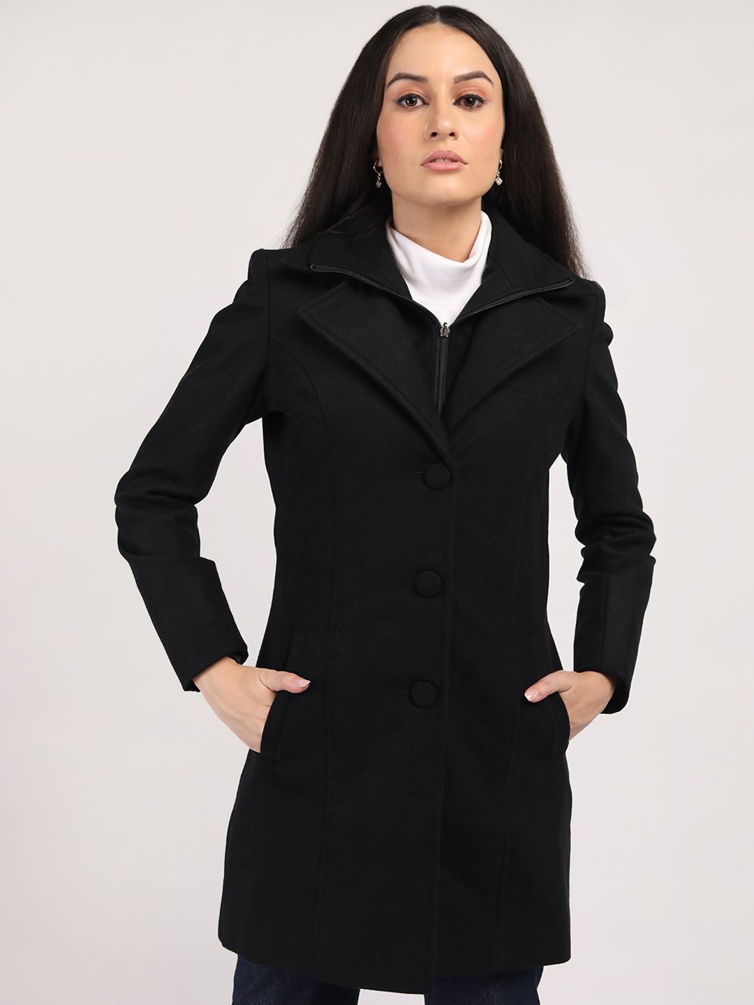 

HONNETE Double Collar Single-Breasted Hip-Length Winter Overcoat, Black