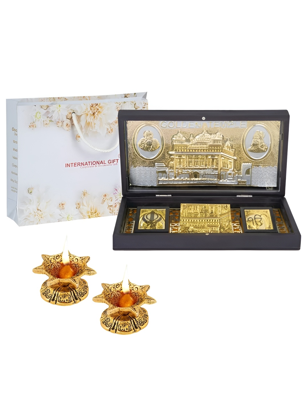 

INTERNATIONAL GIFT Gold-Toned Golden Temple Frame Message Box with 2 Diya