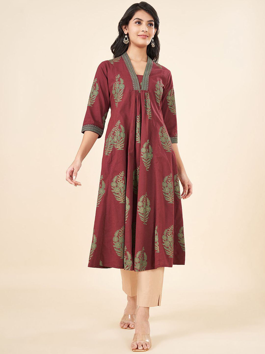 

RANGMANCH BY PANTALOONS Ethnic Motifs Embroidered Thread Work Cotton Anarkali Kurta, Red