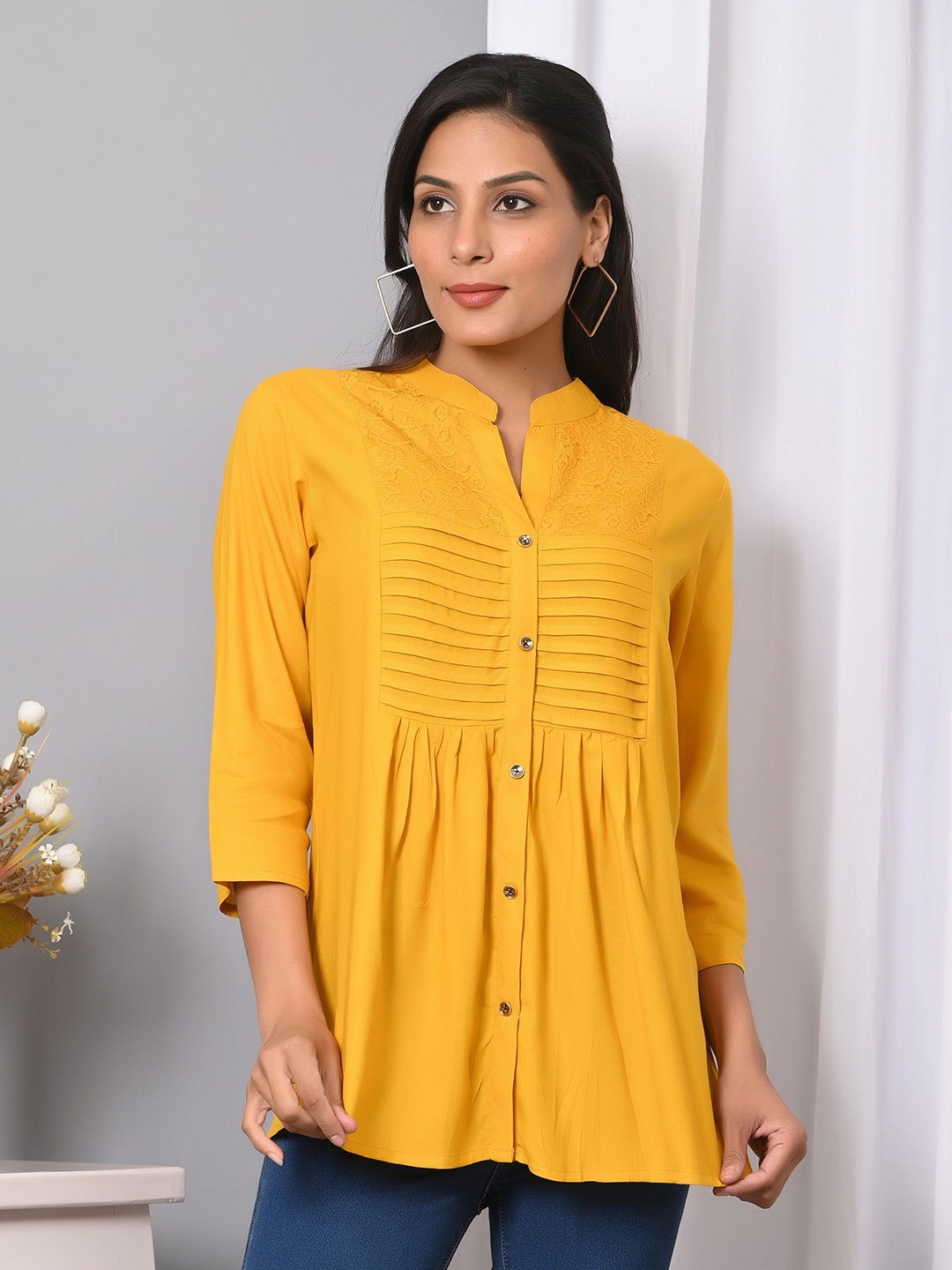 

IQRAAR Embellished Mandarin Collar Cotton Top, Mustard