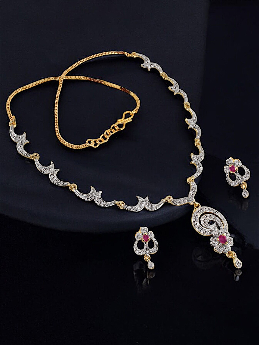 

LUCKY JEWELLERY 18K Gold Plated American Diamond Studded Jewellery Set