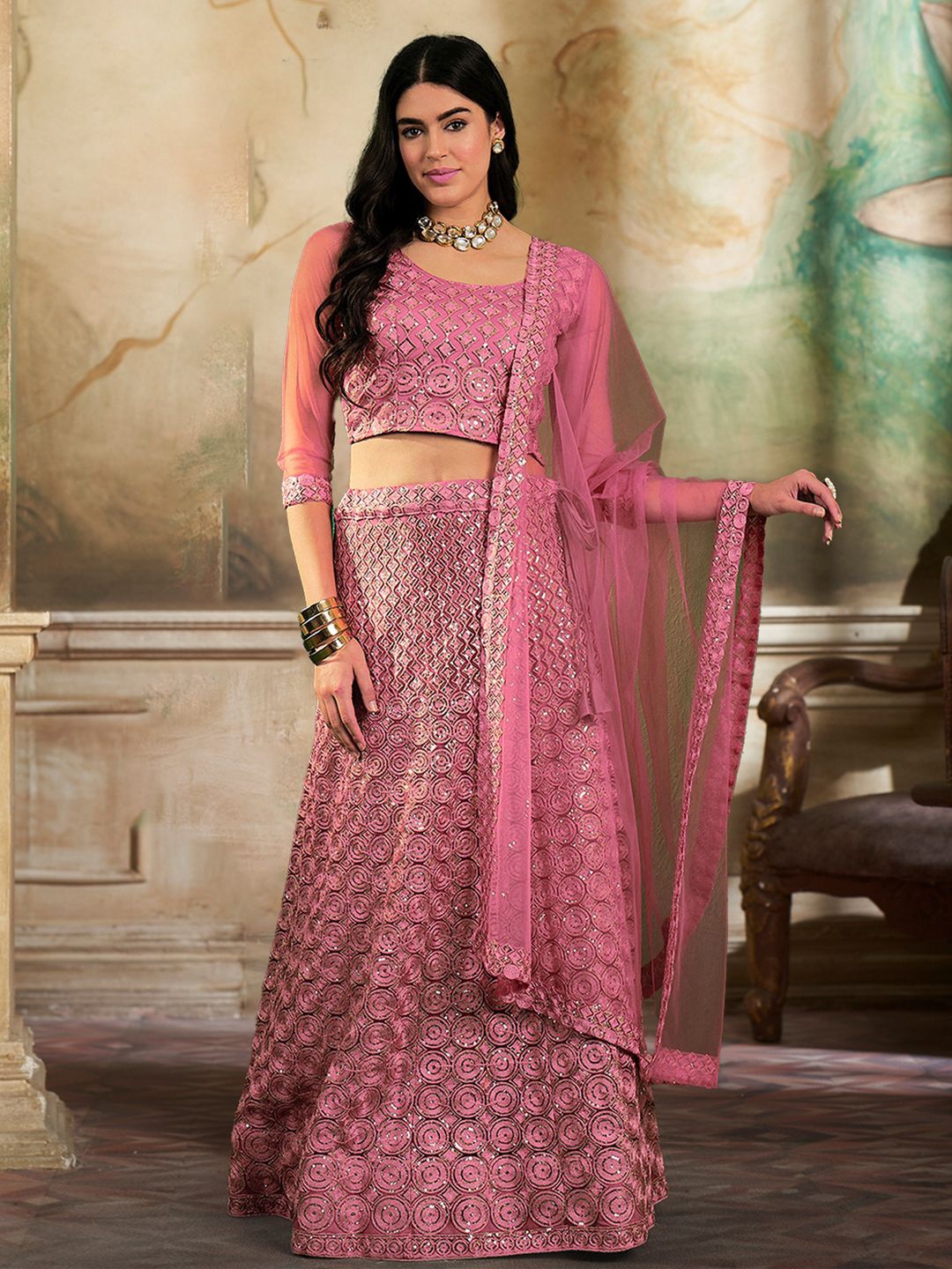 

Kvsfab Embroidered Sequinned Semi-Stitched Lehenga & Blouse With Dupatta, Pink