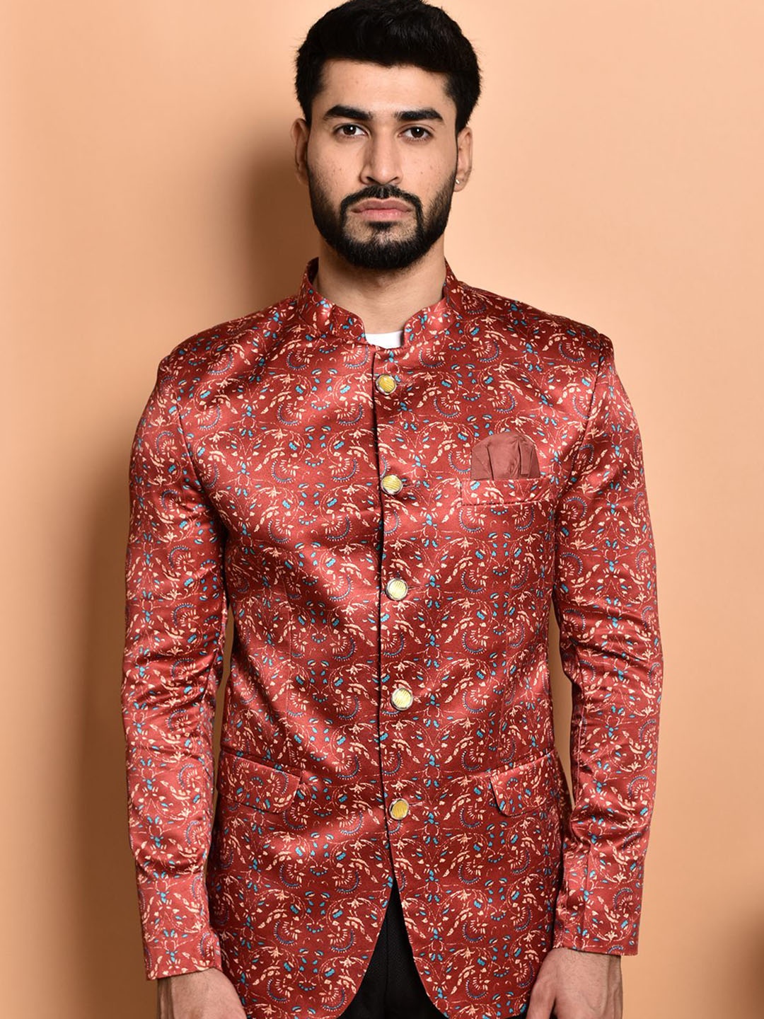

PRINTCULTR Mandarin Collar Printed Bandhgala Blazers, Maroon