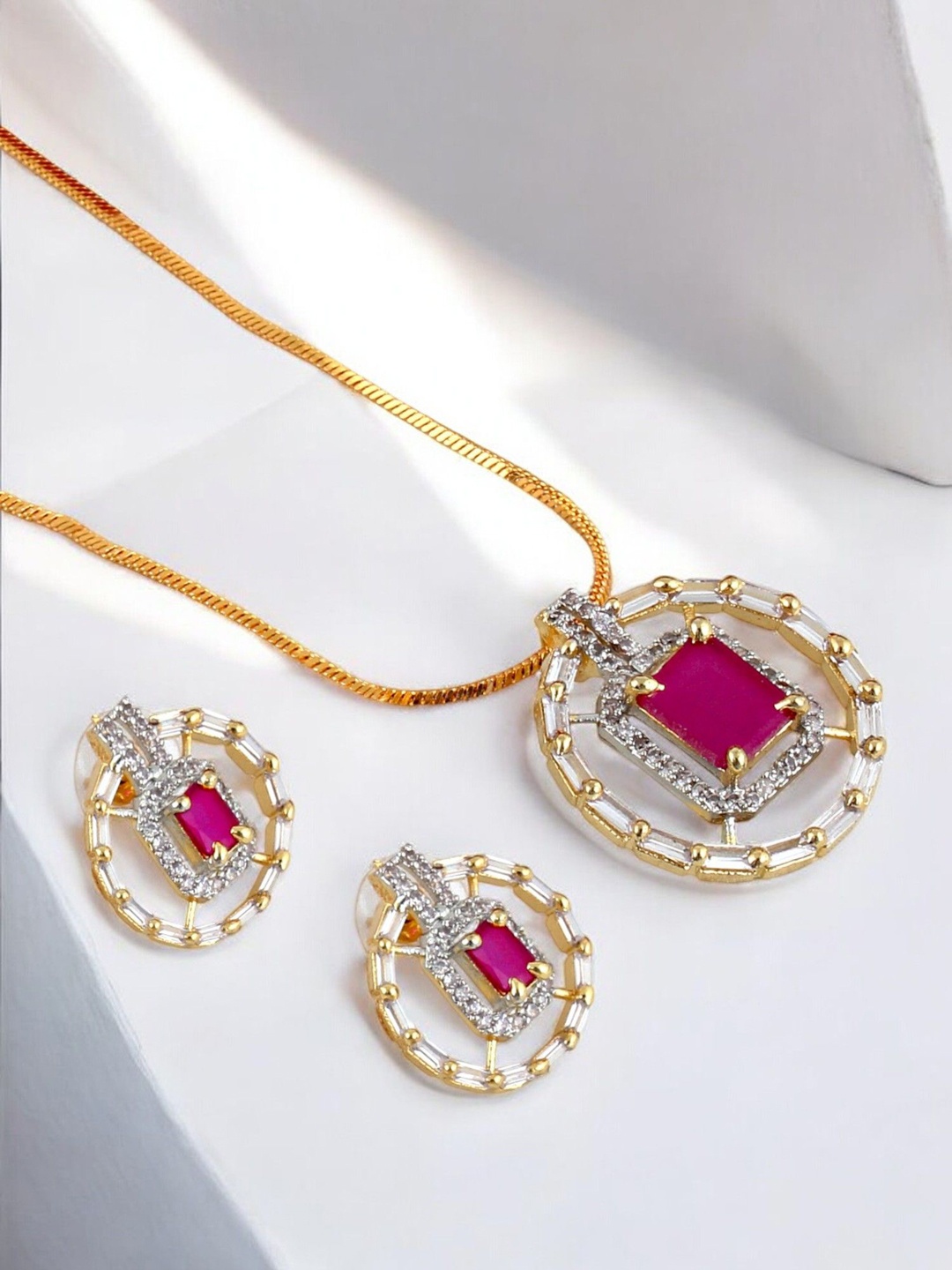 

LUCKY JEWELLERY 18KT Gold-Plated American Diamond Studded Jewellery Set