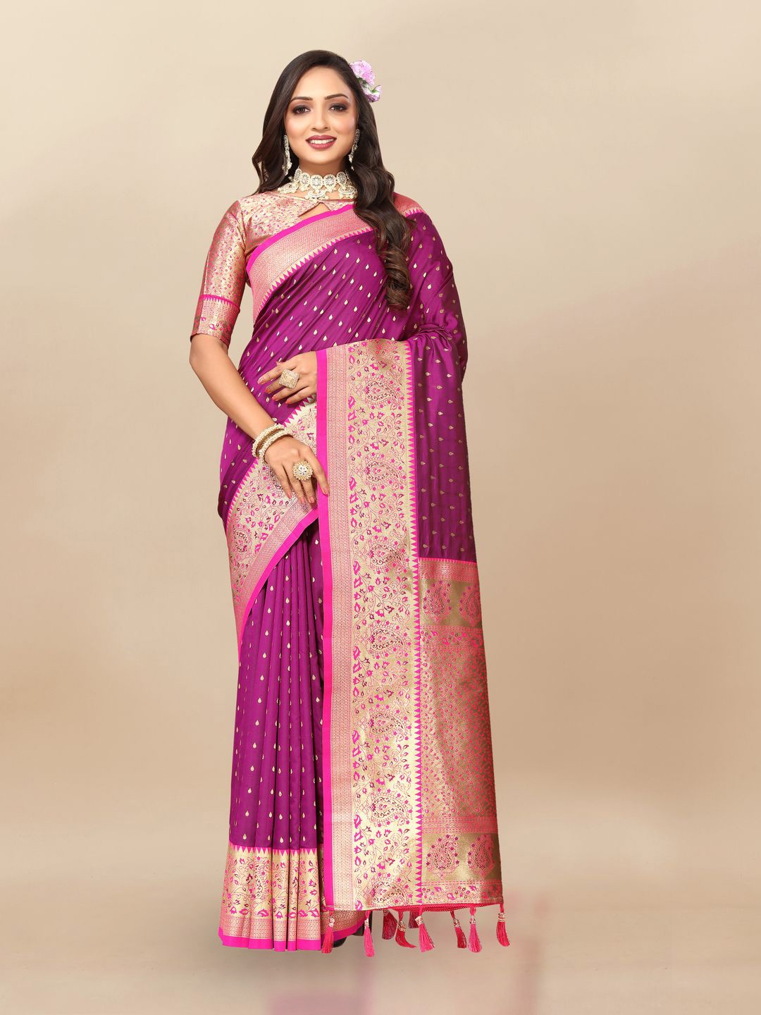 

MOKSHA DESIGNS Ethnic Motifs Woven Design Zari Pure Silk Banarasi Saree, Purple