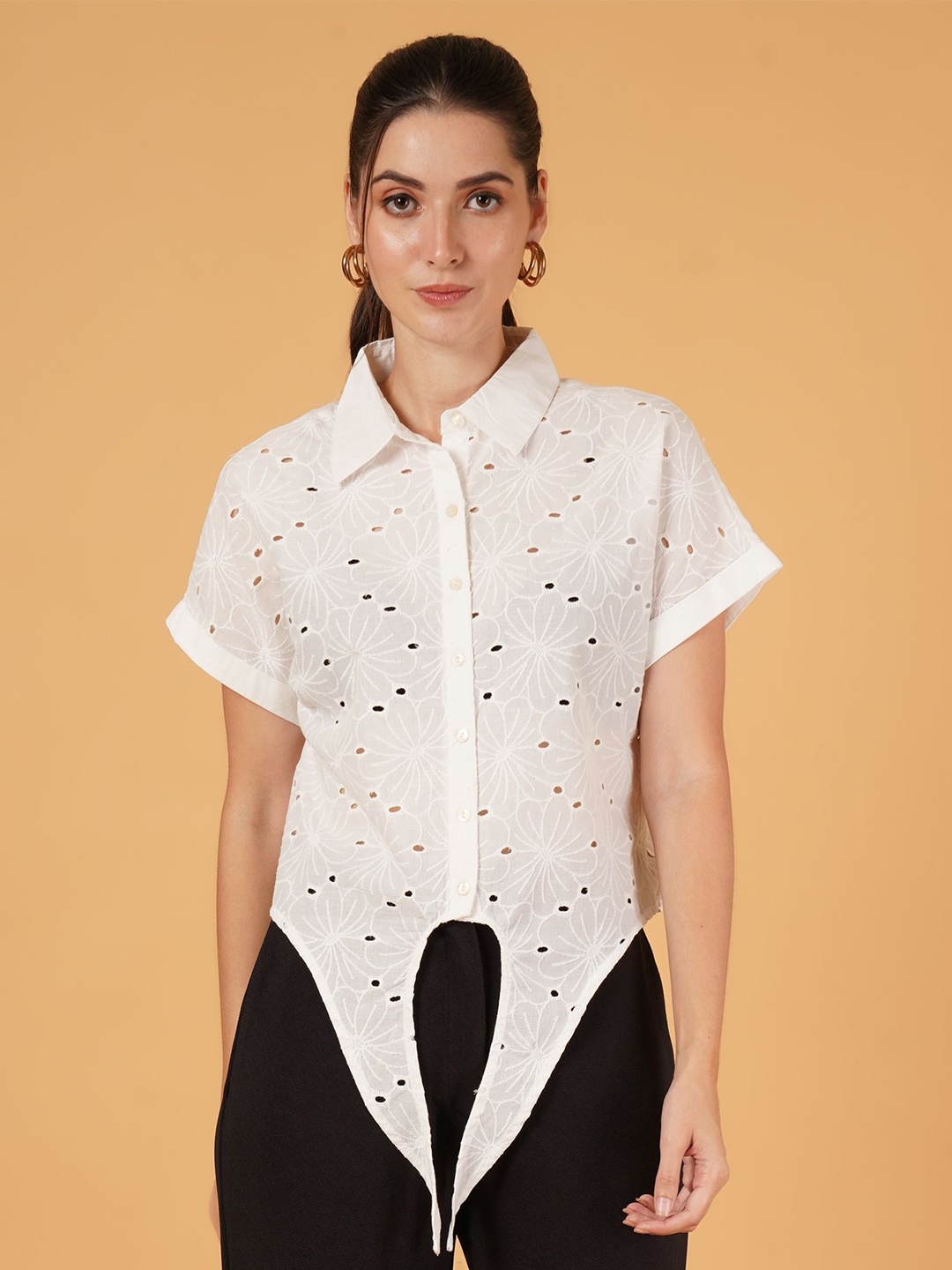 

IX IMPRESSION Floral Embroidered Cotton Schiffli Shirt Style Crop Top, White