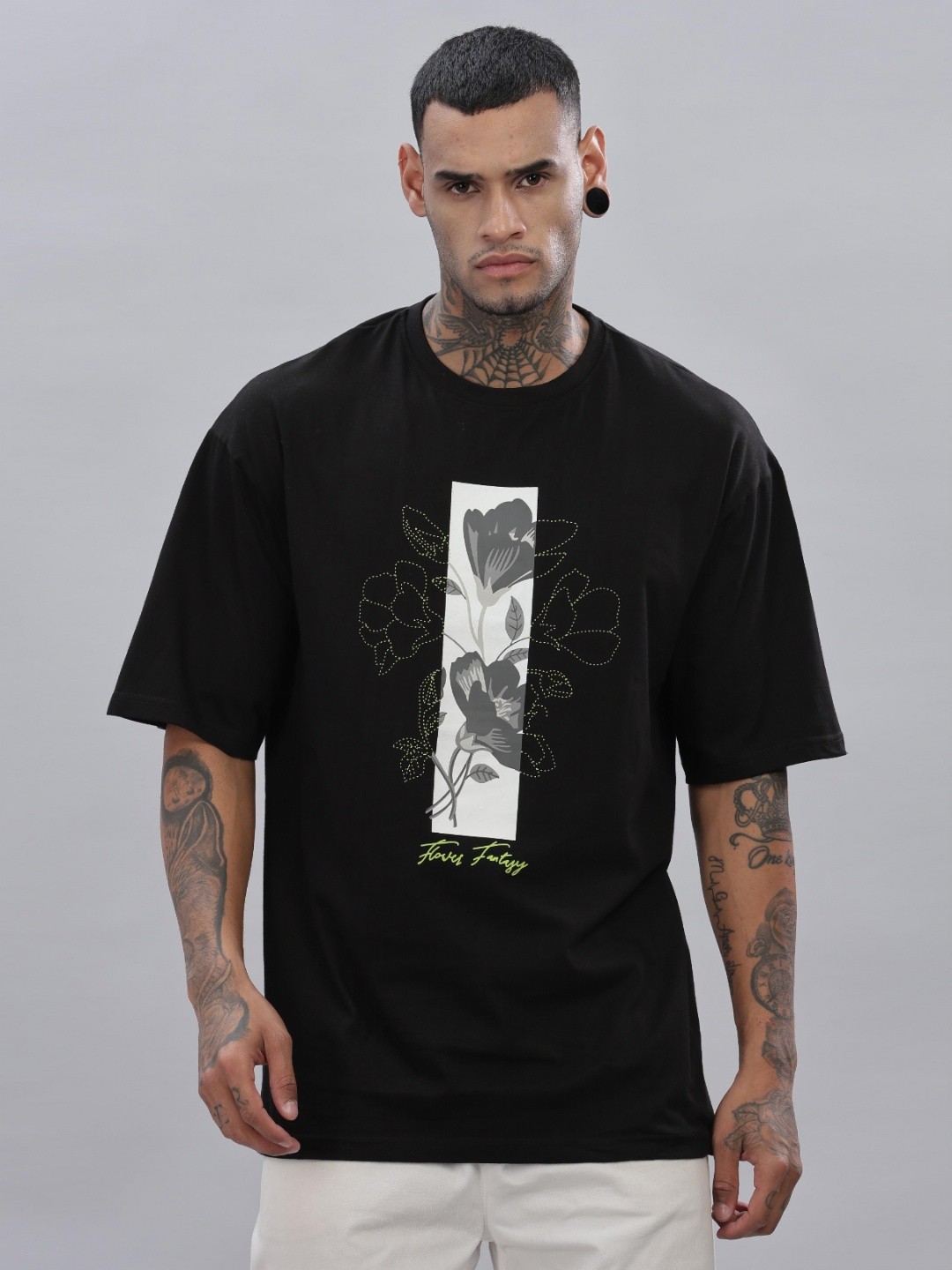 

TOMHIDDLE Men Floral Printed Round Neck Cotton Oversized T-shirt, Black