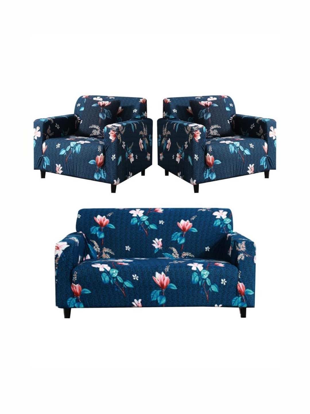 

B BESTILO Blue & Pink 3 Piece Printed Sofa Cover With Arms