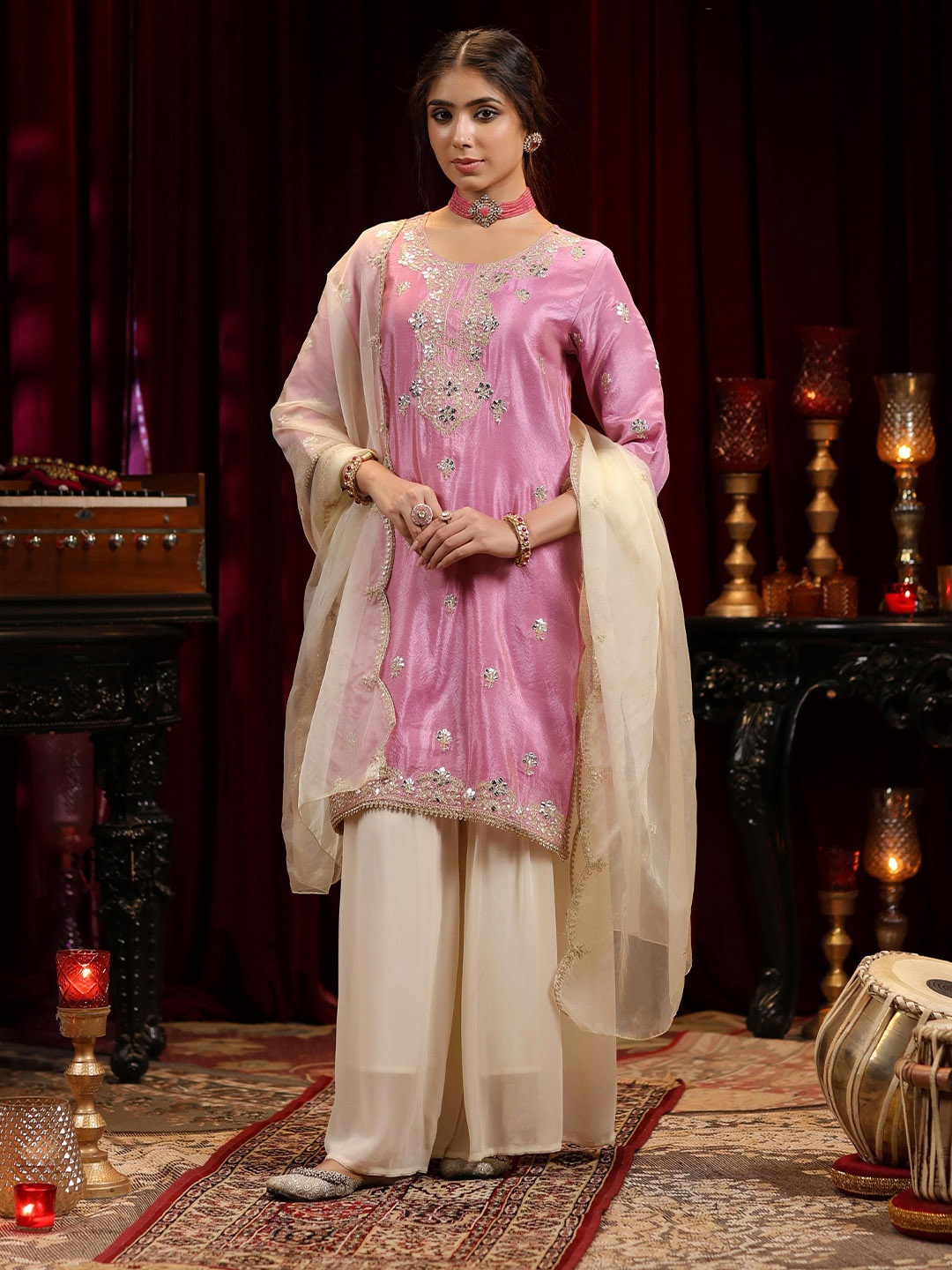 

SCAKHI Ethnic Motifs Embroidered Gotta Patti Organza Straight Kurta With Sharara & Dupatta, Mauve