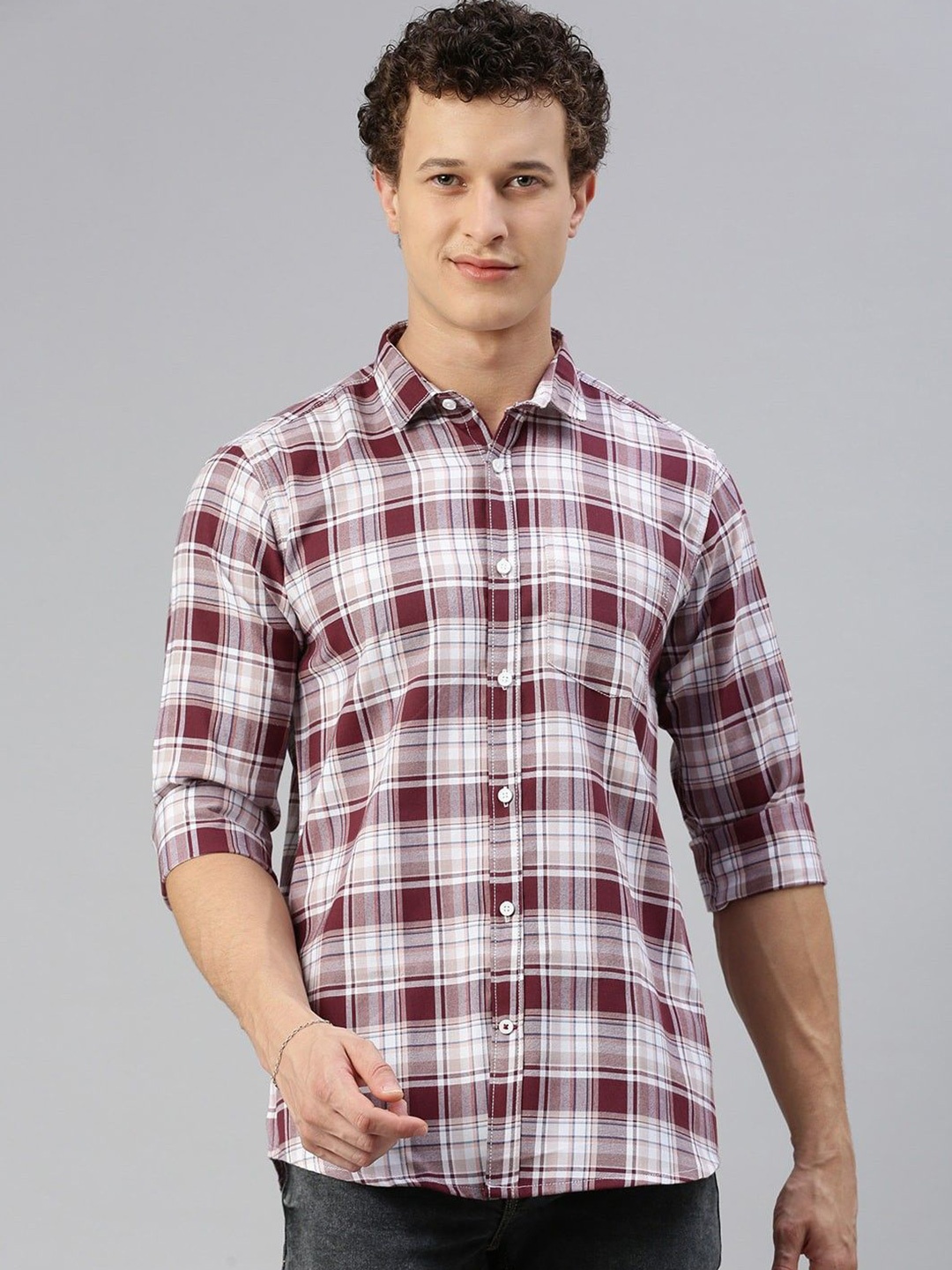 

Cross Court Men Tartan Checks Opaque Checked Casual Shirt, Red