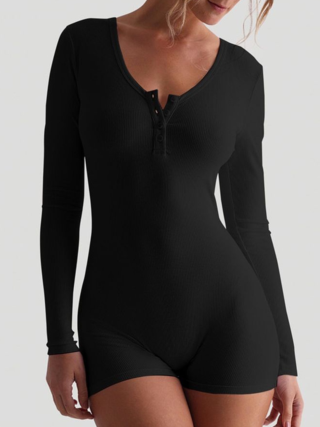 

LULU & SKY Women Half Placket V-Neck Rib-knit Playsuit, Black
