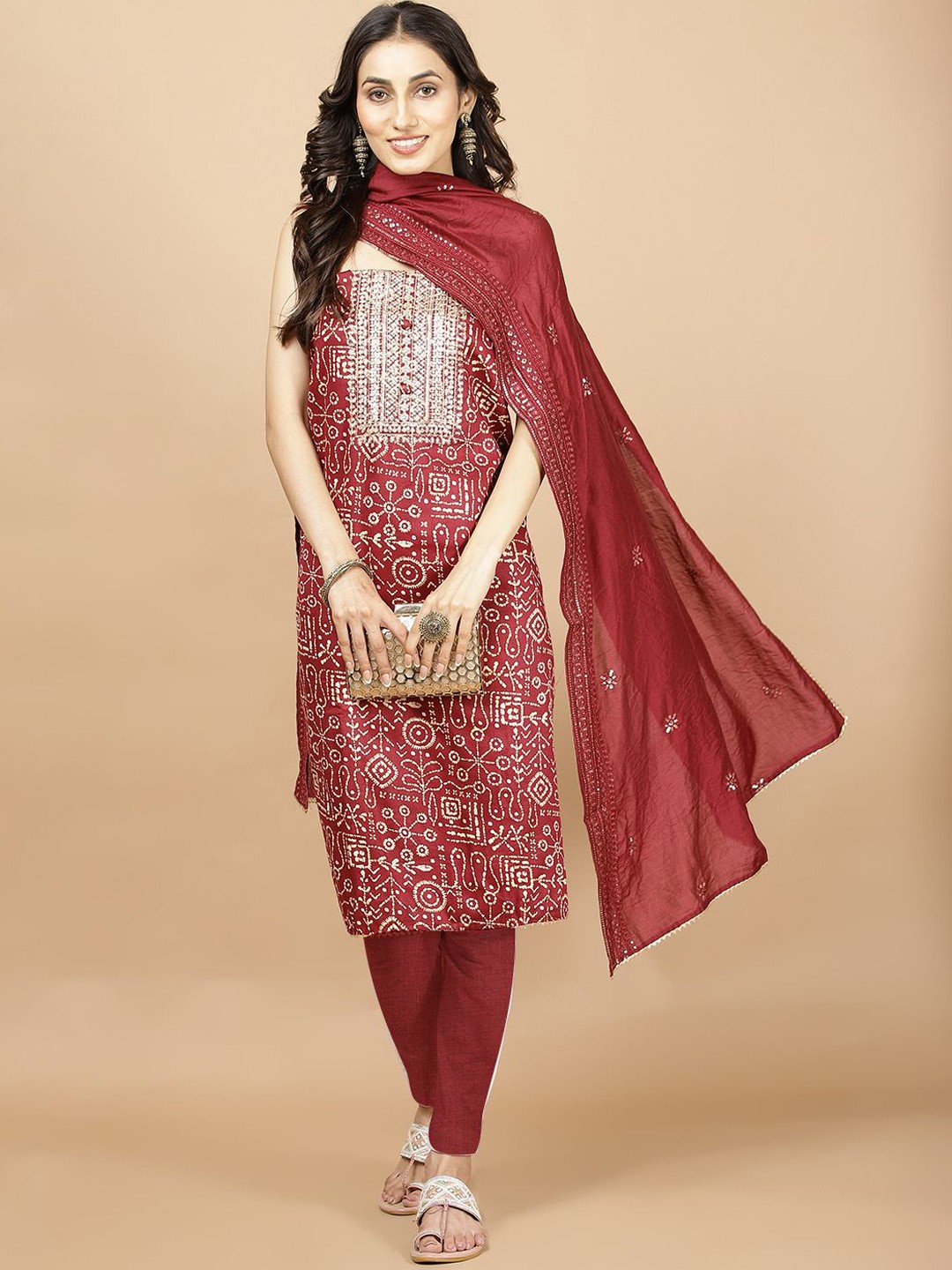 

Meena Bazaar Floral Embroidered Sequinned Cotton Unstitched Dress Material, Burgundy