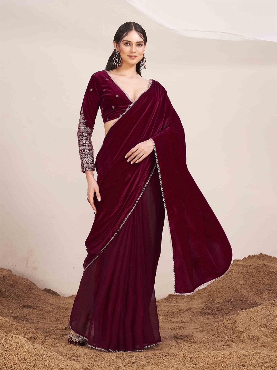 

Tikhi Imli Sequinned Velvet Saree, Maroon