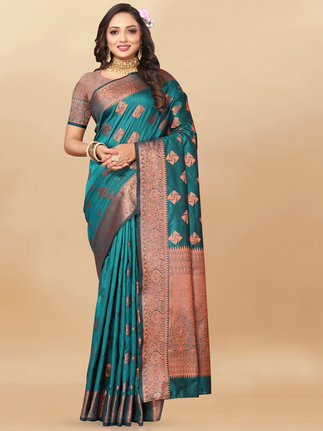 

MOKSHA DESIGNS Ethnic Motifs Zari Pure Silk Kanjeevaram Saree, Green