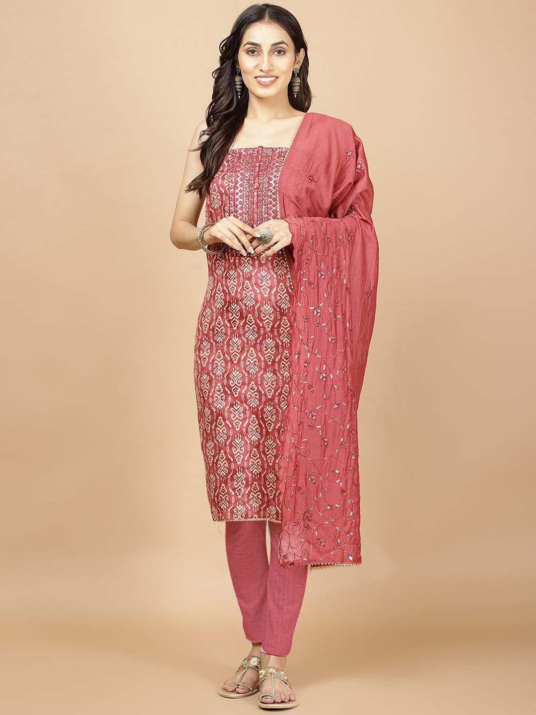 

Meena Bazaar Ethnic Motifs Printed Sequinned Detail Cotton Unstitched Dress Material, Pink