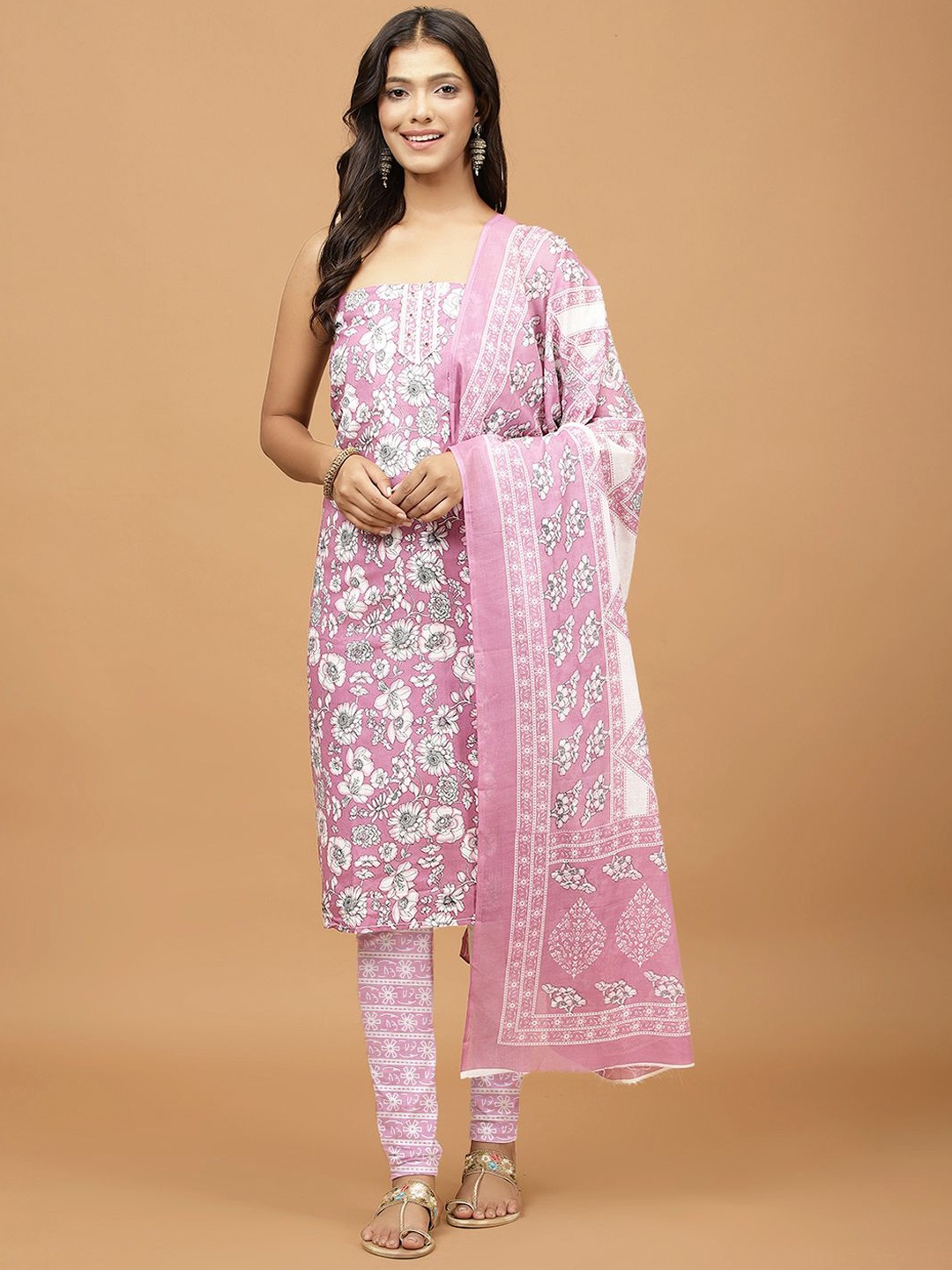 

Meena Bazaar Floral Printed Sequinned Unstitched Dress Material, Purple