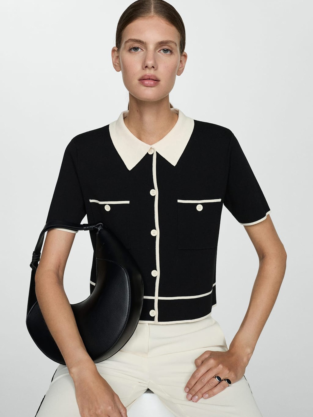 

MANGO Contrast-Trim Cardigan, Black