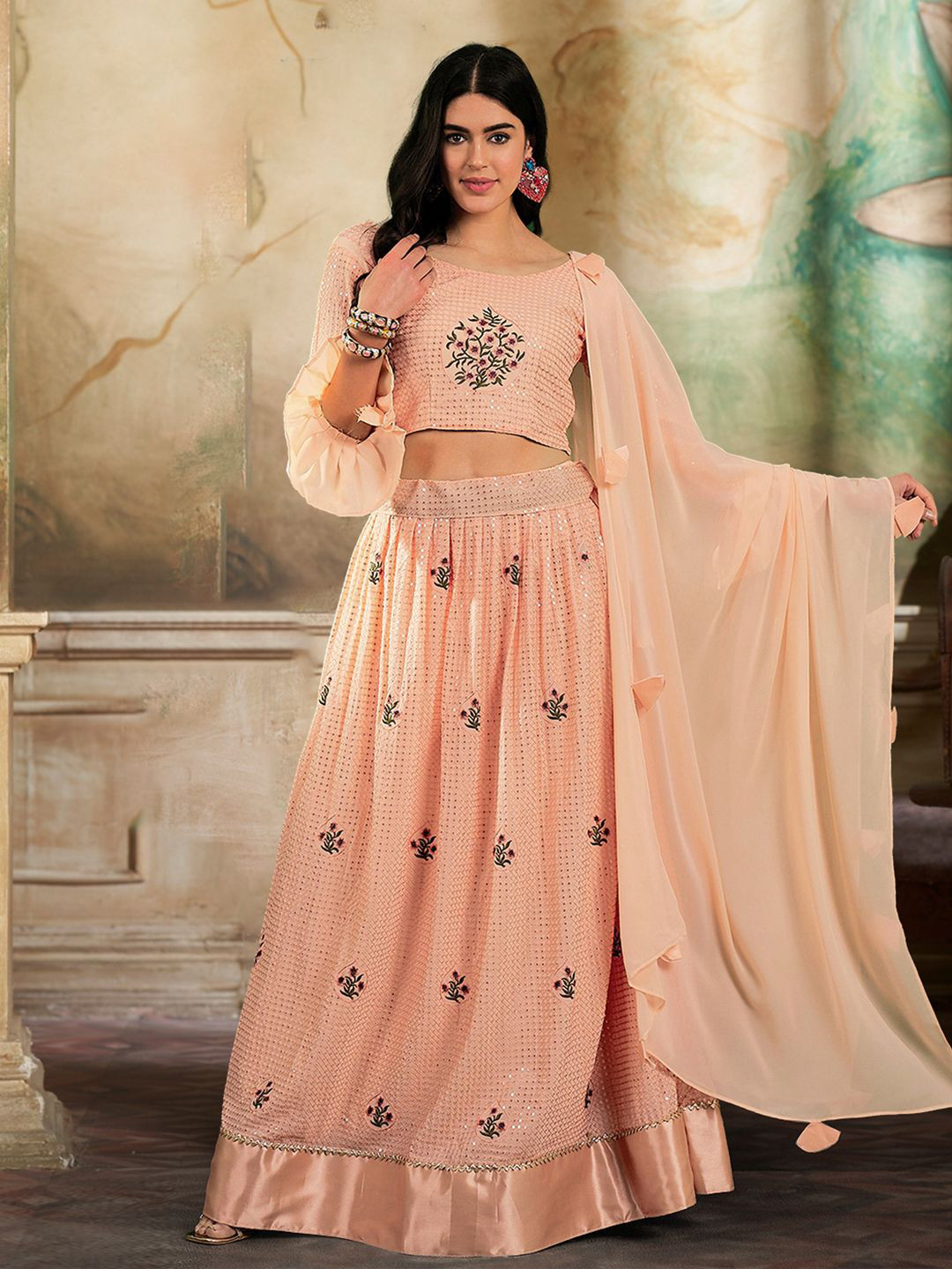 

Kvsfab Embroidered Sequinned Semi-Stitched Lehenga & Blouse With Dupatta, Peach