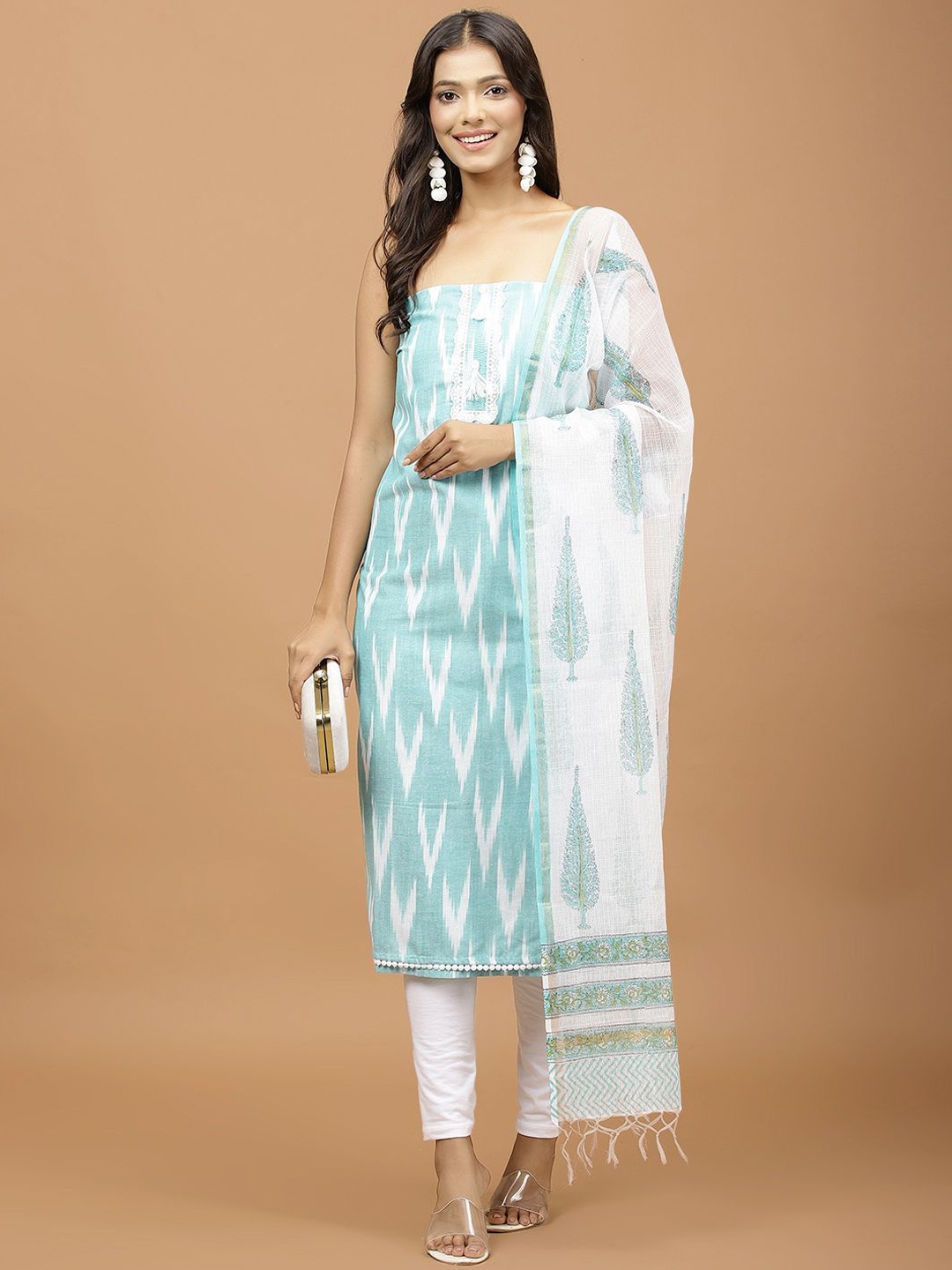 

Meena Bazaar Geometric Printed Unstitched Dress Material, Sea green