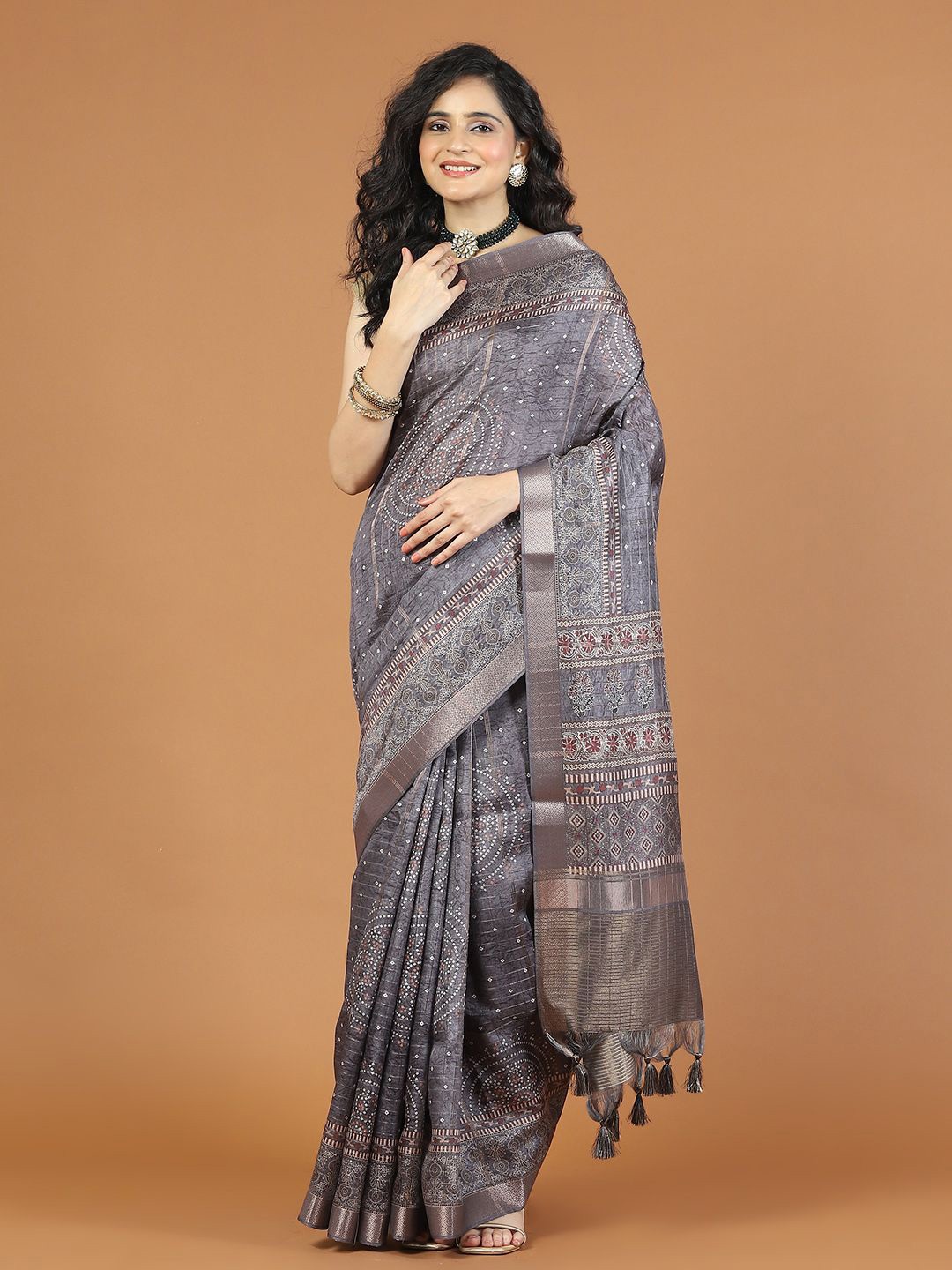 

Meena Bazaar Floral Zari Art Silk Tussar Saree, Grey