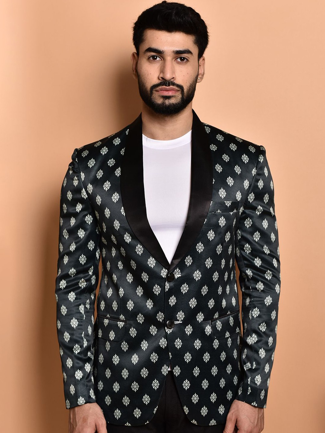 

PRINTCULTR Ethnic Motifs Printed Shawl Collar Single-Breasted Casual Blazer, Green