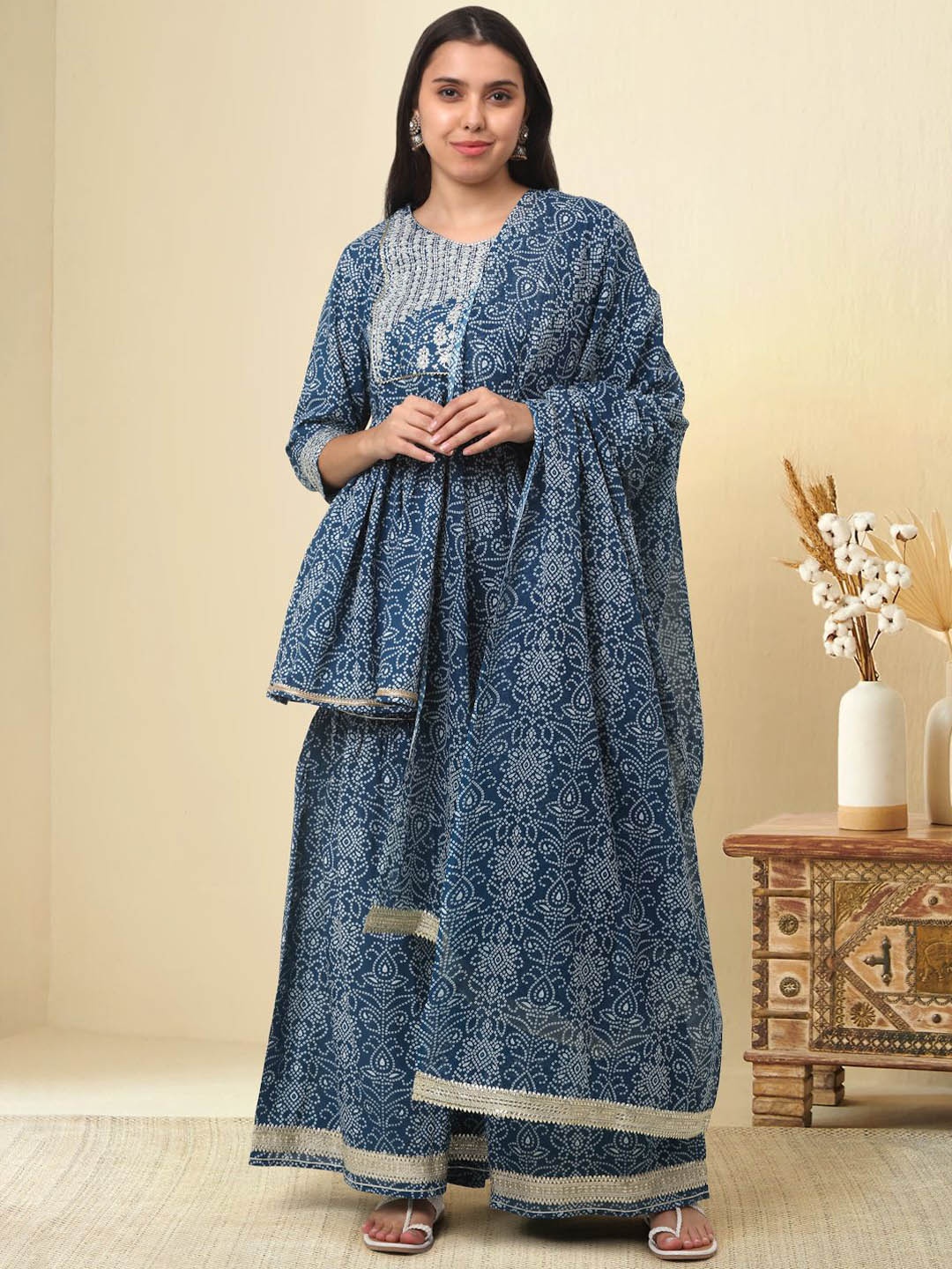 

KALINI Bandhani Printed Regular Sequinned Pure Cotton A-Line Kurti with Sharara & Dupatta, Blue