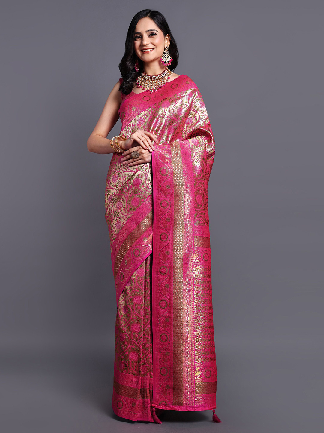 

SWAMI STUDIO Floral Zari Pure Cotton Kanjeevaram Saree, Pink