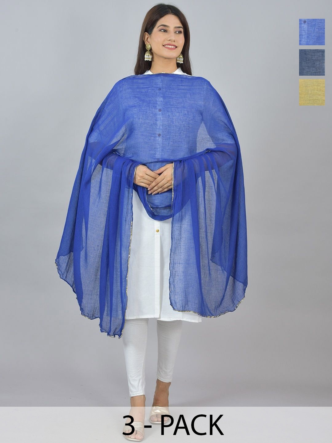 

LA FEMINAE Selection Of 3 Pure Cotton Dupatta, Navy blue