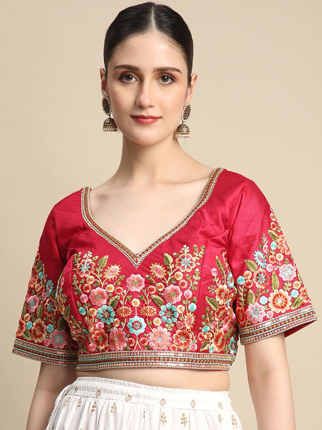 

BAPS V-Neck Embroidered Saree Blouse, Red