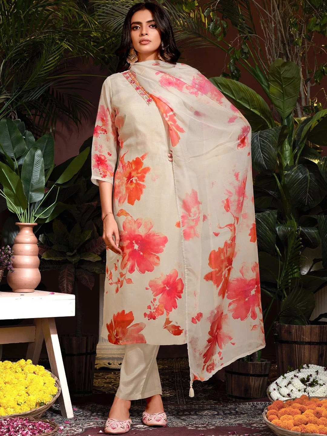 

JIVORA Floral Printed V-Neck Thread Work Organza Kurta with Trousers & Dupatta, Cream