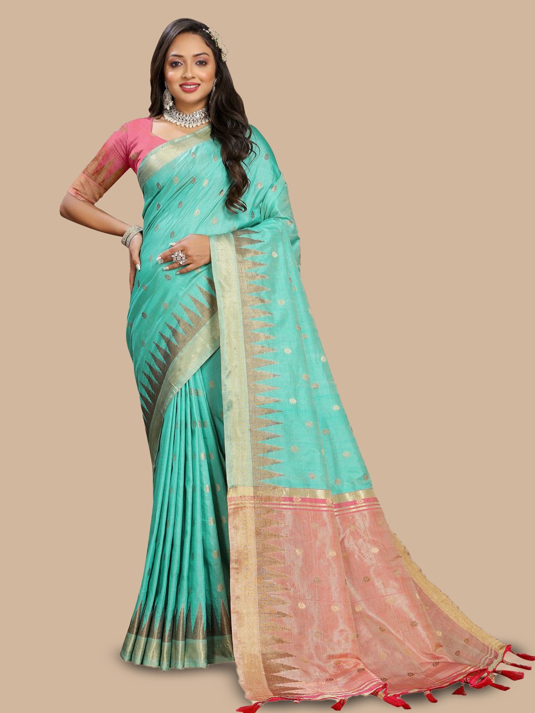 

MOKSHA DESIGNS Ethnic Motifs Zari Pure Silk Kanjeevaram Saree, Green