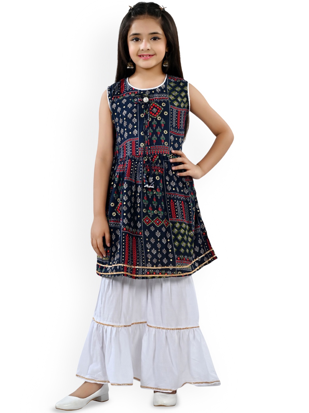 

Arshia Fashions Girls Floral Printed A-Line Kurti With Sharara, Blue