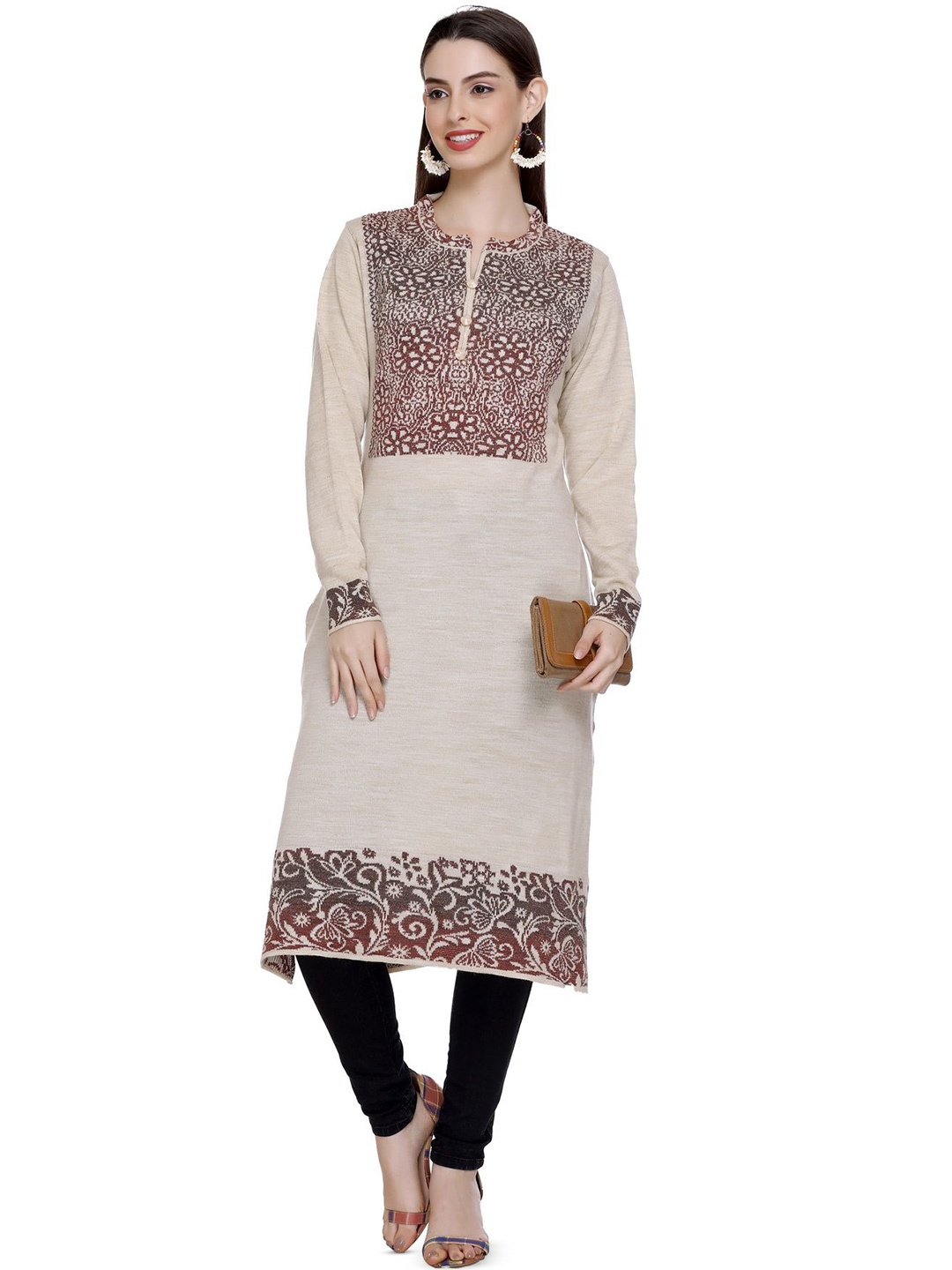 

MONTREX Women Floral Printed Floral Woollen Kurta, Beige