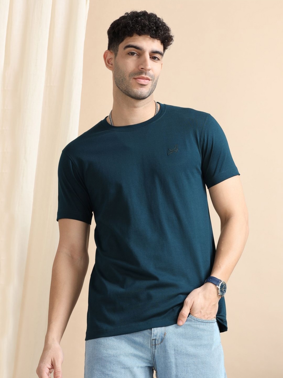 

Dogi Verg Men Solid Round Neck Cotton Slim Fit T-shirt, Teal