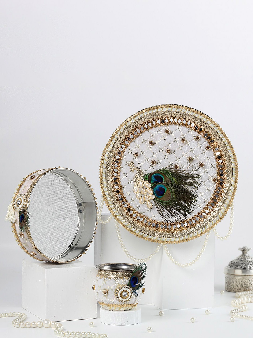 

IGP Peacock-Inspired Puja Thali Set For Karwa Chauth, White