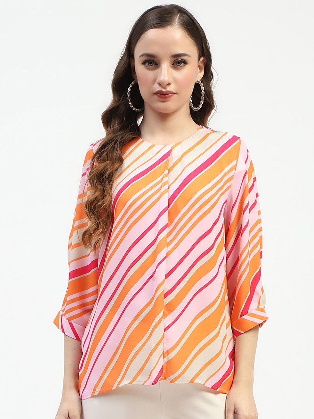 

Madame Striped Roll-Up Sleeves Top, Pink