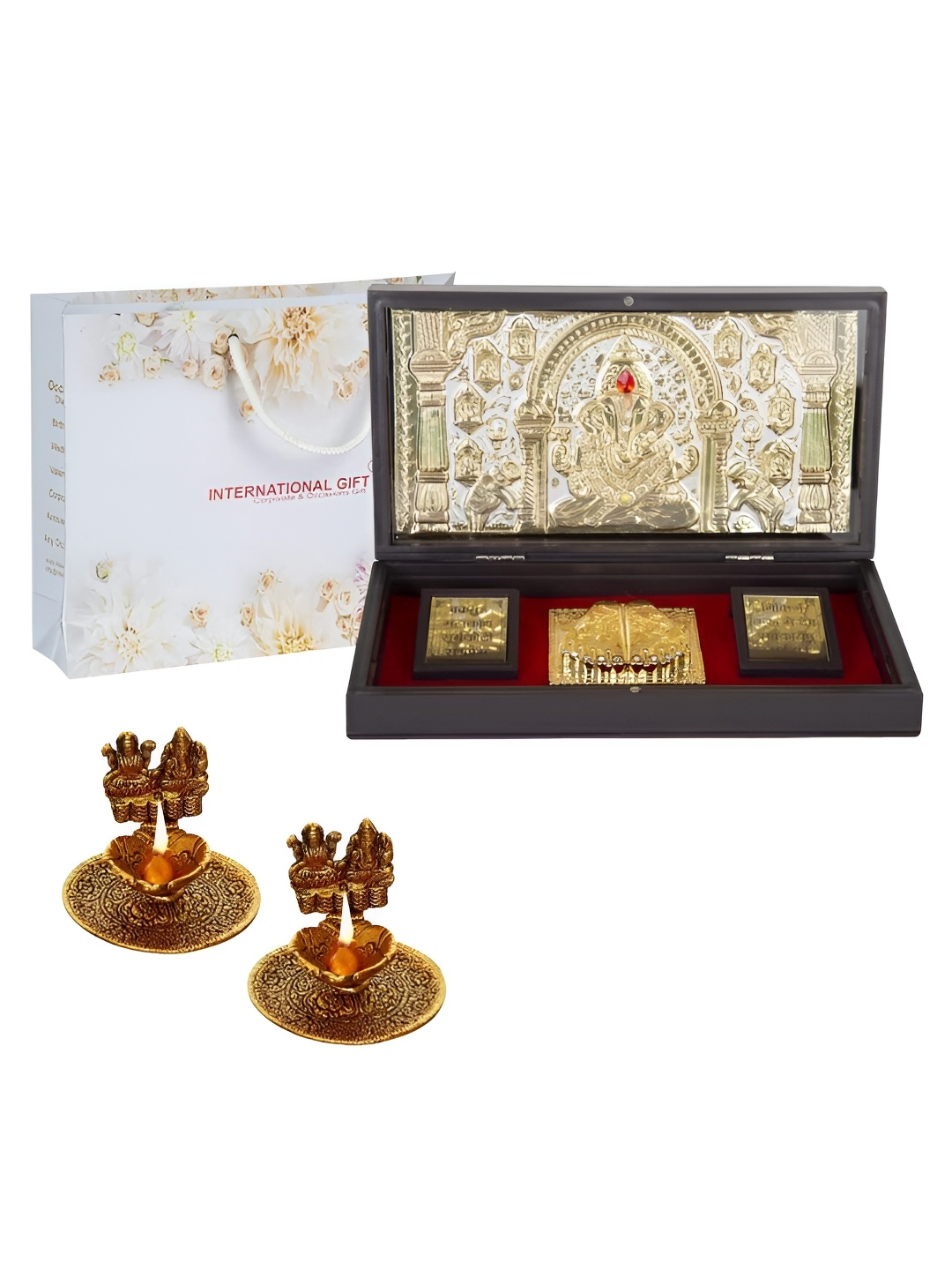 

INTERNATIONAL GIFT Gold-Toned Lord Ganesh Charan Paduka Box with 2 Lakshmi Ganesh Diya