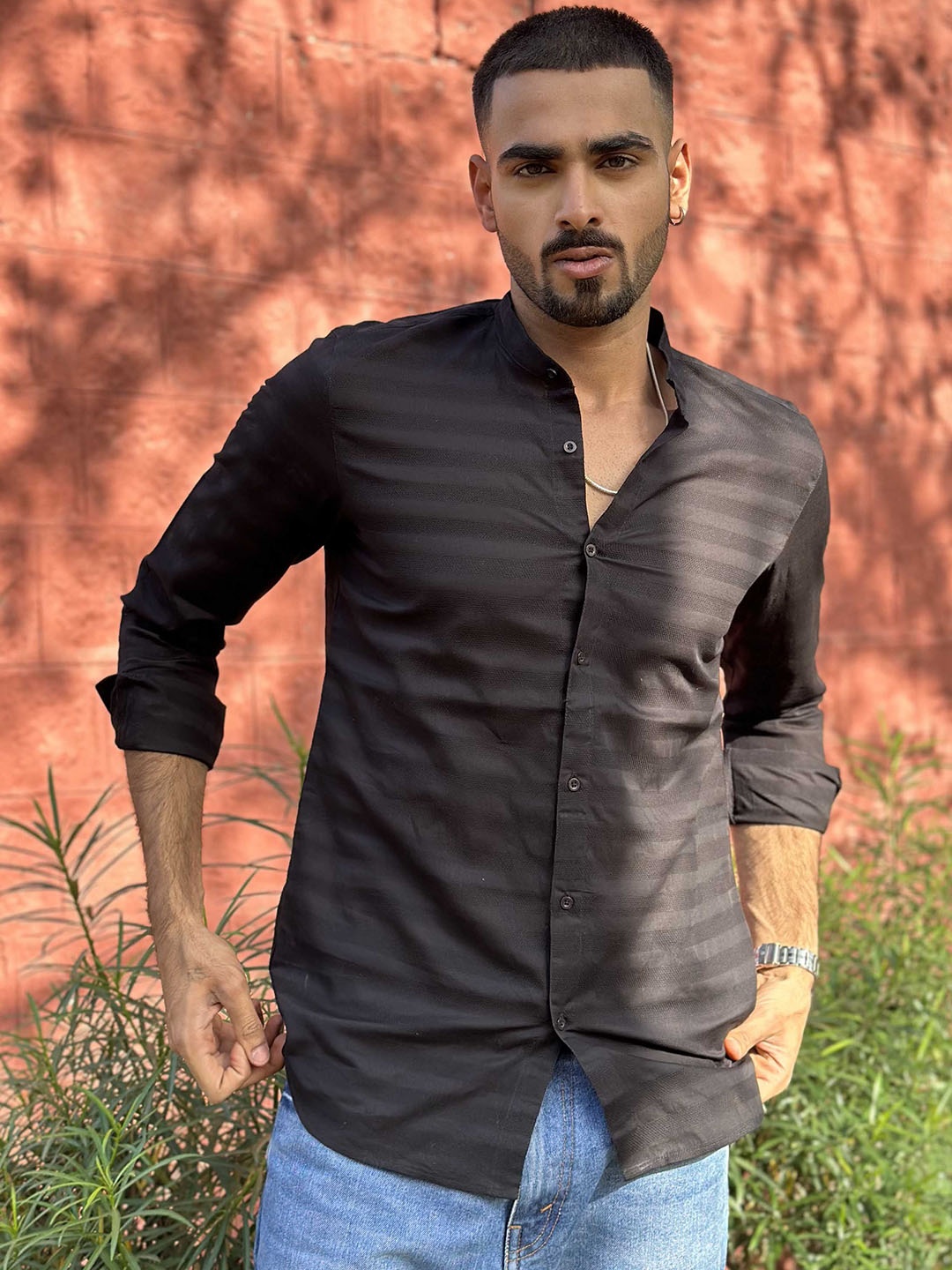 

Ethnic India Striped Mandarin Collar Casual Shirt, Black