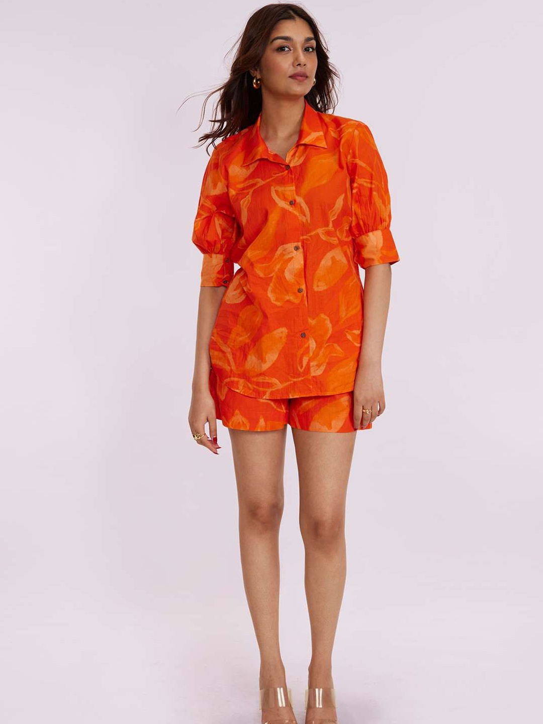 

POPPI Tulip Floral Printed Pure Cotton Shirt With Shorts, Orange