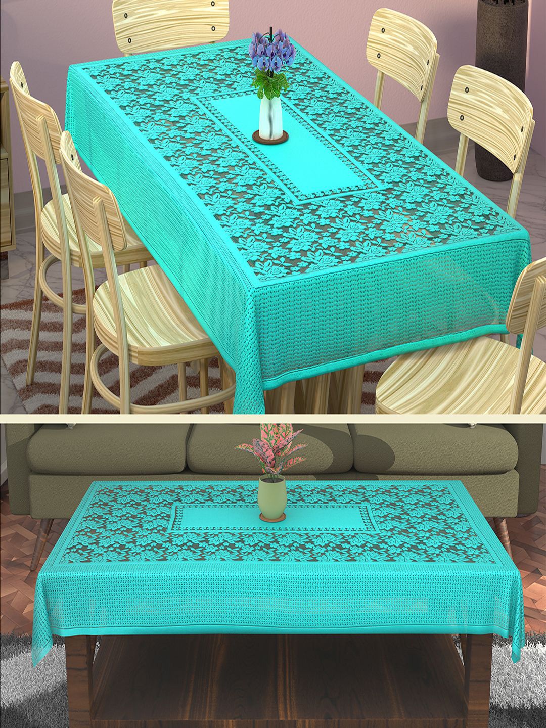 

Kuber Industries Turquoise Blue 2 Pieces Floral Printed Cotton 6-Seater Table Covers