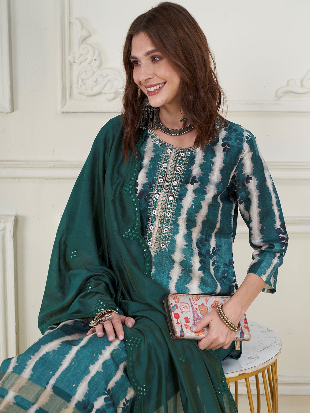 

Anouk Ethnic Motifs Embroidered Mirror Work Chanderi Silk Kurta With Trousers & Dupatta, Green