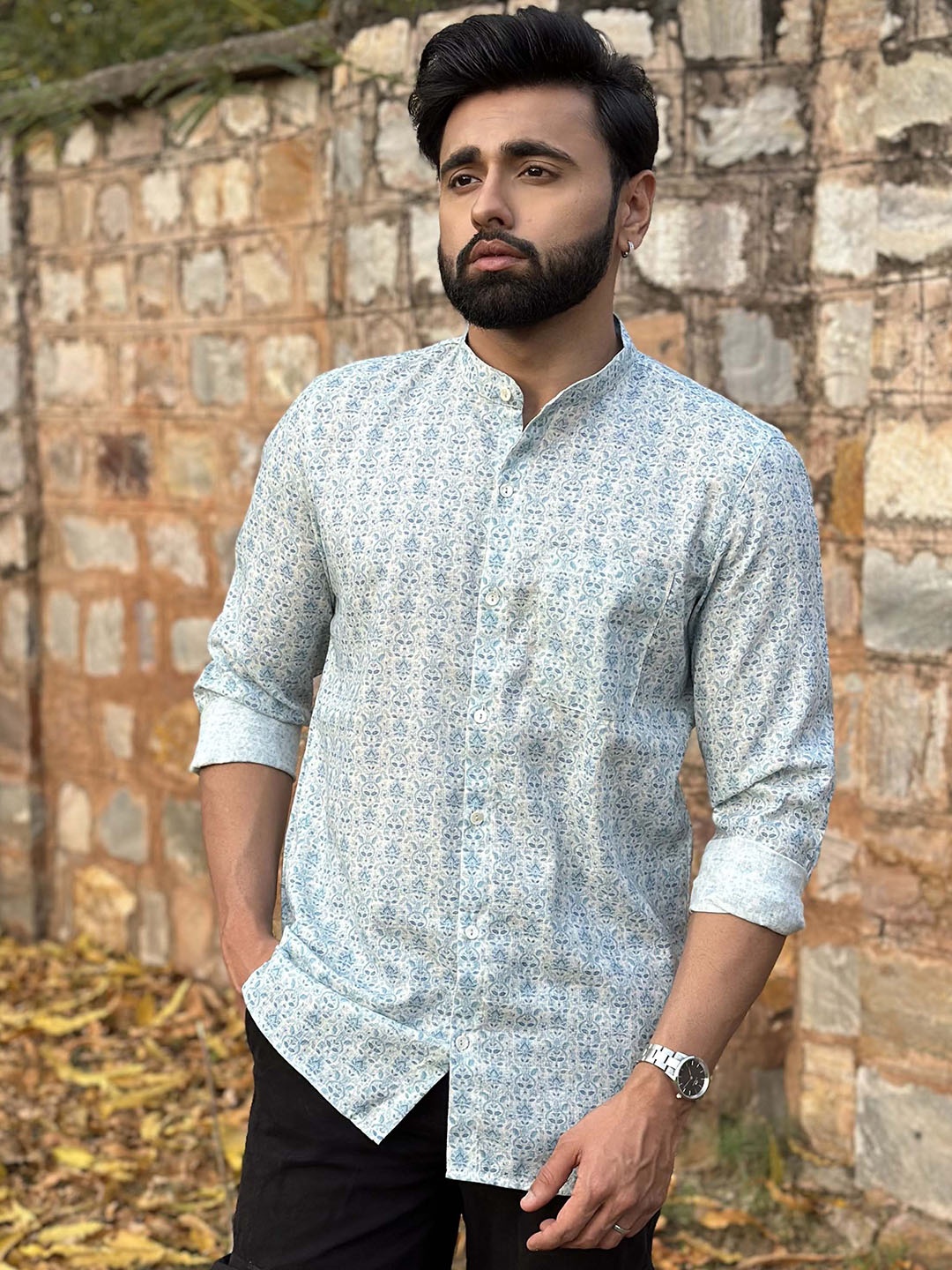 

Ethnic India Floral Printed Band Collar Straight Kurta, White