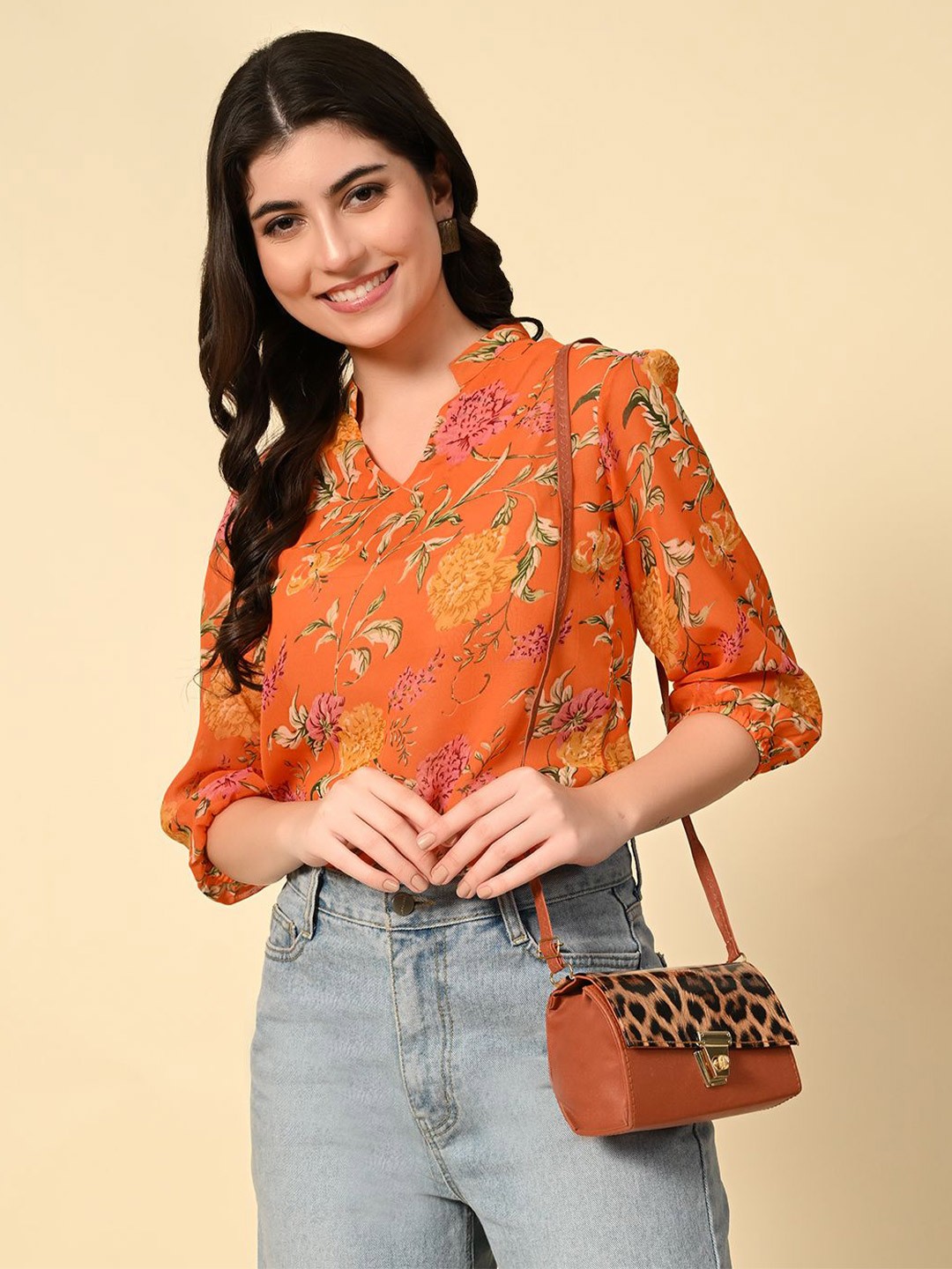 

Tushita Women Floral Printed Mandarin Collar Top, Orange