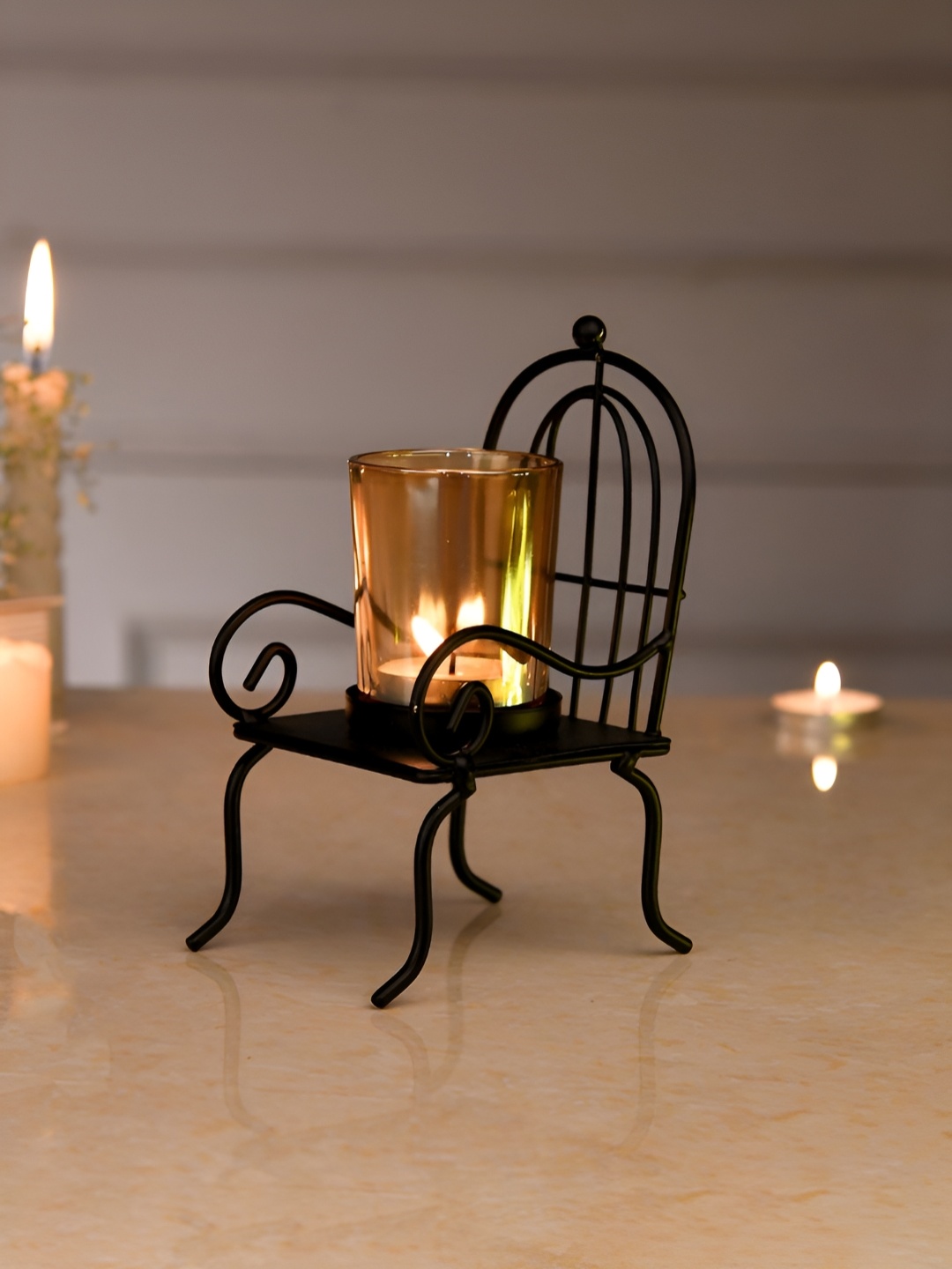 

TAYHAA Black & Gold Toned Chair Textured Metal Candle Holder With Glass