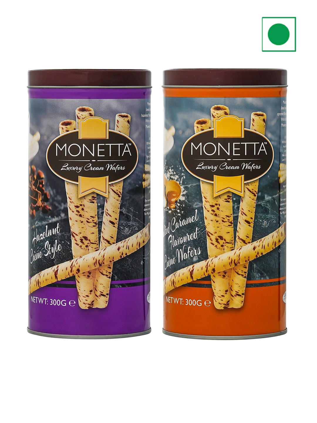 

Monetta Pack Of 2 Hazelnut & Salted Caramel Wafer Sticks Combo- 300 gm Each, Purple