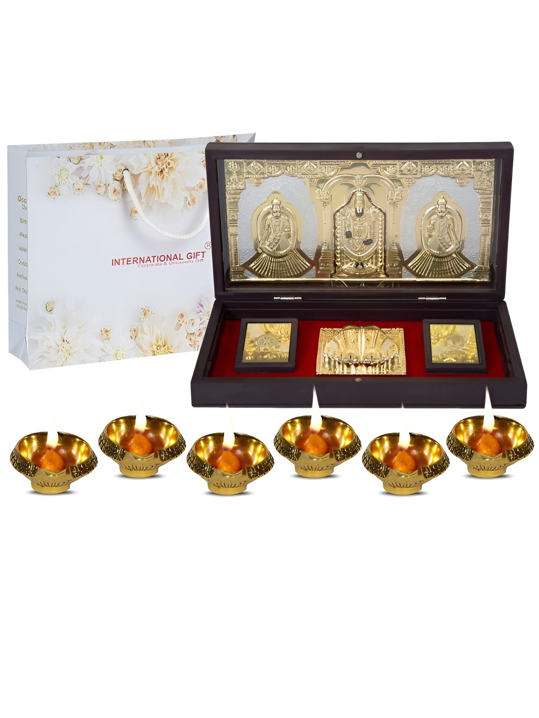 

INTERNATIONAL GIFT Gold-Toned Religious Bala Ji Charan Paduka Showpiece with 6 Diya