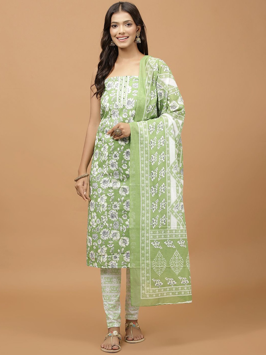 

Meena Bazaar Floral Printed Unstitched Dress Material, Green