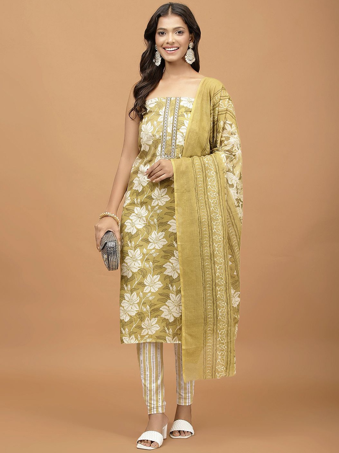 

Meena Bazaar Floral Printed Unstitched Dress Material, Green